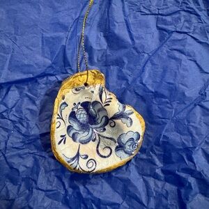 Hand-made Blue Floral Oyster Shell Ornament with Gold Edge